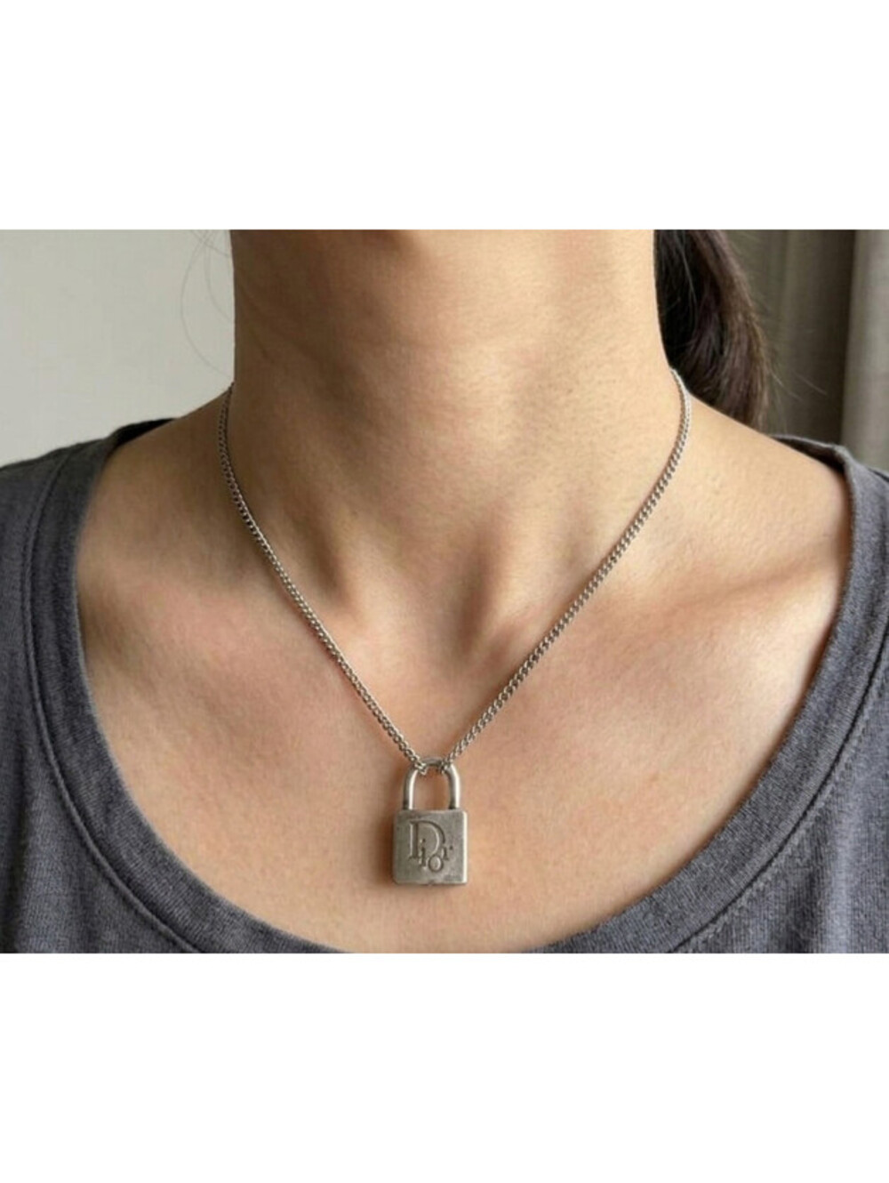 US SELLER! Vintage Christian Dior Padlock Silver Tone  Logo Necklace